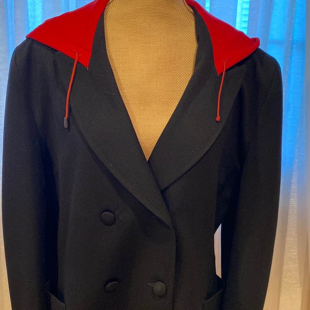 Regina Rubens fabulous black wool blazer with red hoodie, size M